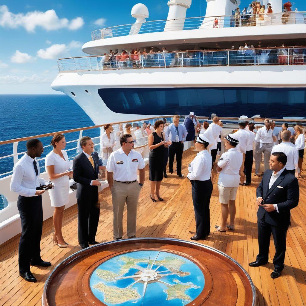 A vibrant scene depicting a diverse group of professionals onboard a cruise ship, engaging in various activities such as networking, planning excursions, and training sessions. Show the ocean in the background, with clear blue skies and an inviting deck. Include elements like a captain's wheel and travel brochures to emphasize career growth in the cruise industry. super-realistic. vibrant colors. oceanic theme.