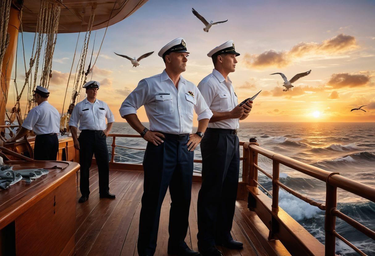 A dynamic scene depicting a diverse group of maritime professionals, including a determined deckhand and a confident captain, standing on a ship's deck with open seas in the background. Waves crashing against the hull, seagulls soaring in the sky, and navigational charts spread out nearby symbolize career progression. Include elements like ropes, compasses, and a sunset to evoke adventure and ambition. realistic style. vibrant colors. nautical theme.
