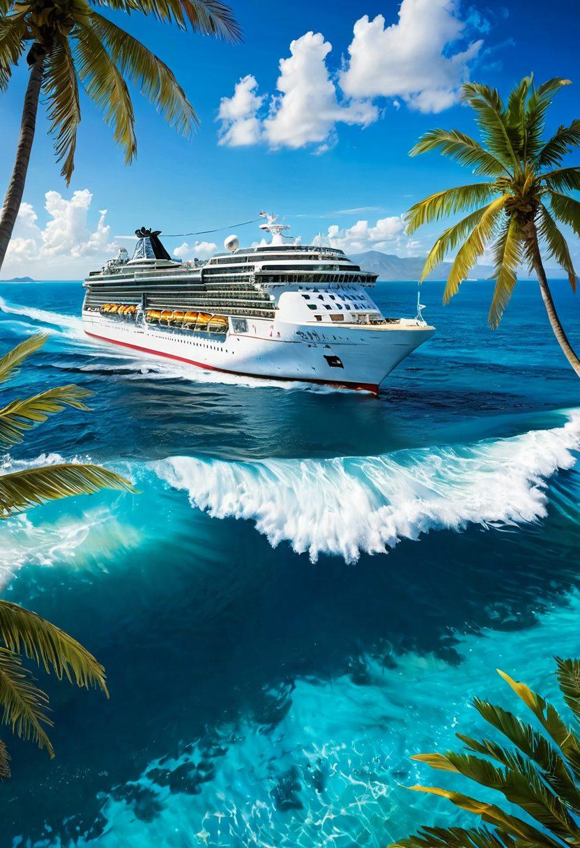 A vibrant scene of a cruise ship cutting through azure waters, with a diverse group of smiling crew members in uniform, showcasing camaraderie and teamwork. Sunlight glistens off the waves, and palm trees frame the ship, symbolizing tropical destinations. Include essential resources like maps, compasses, and nautical tools artistically integrated into the background. super-realistic. vibrant colors. tropical theme.